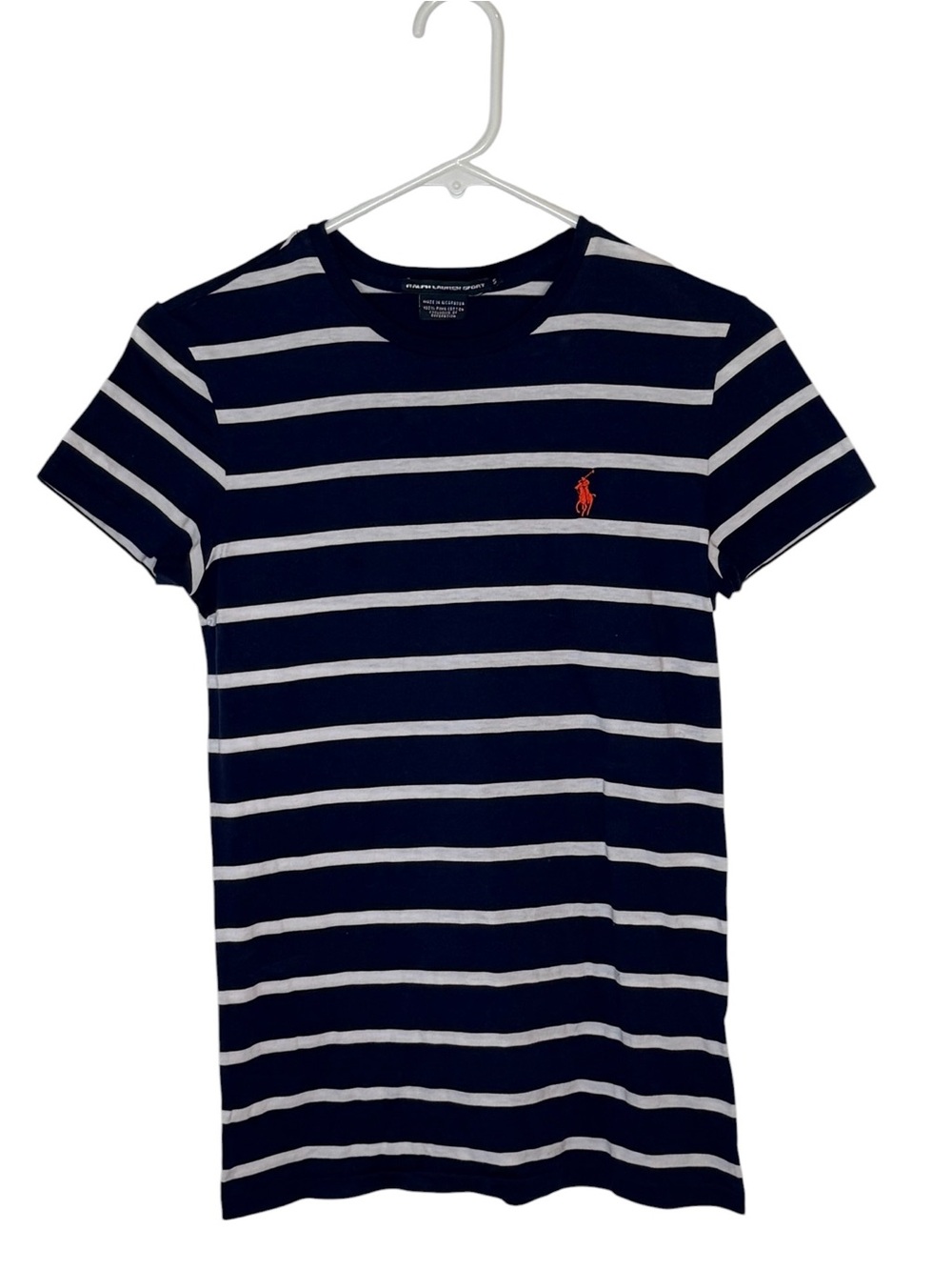 Ralph Lauren Navy & White Horizontal Stripe Short Sleeve Tee with Red Pony
